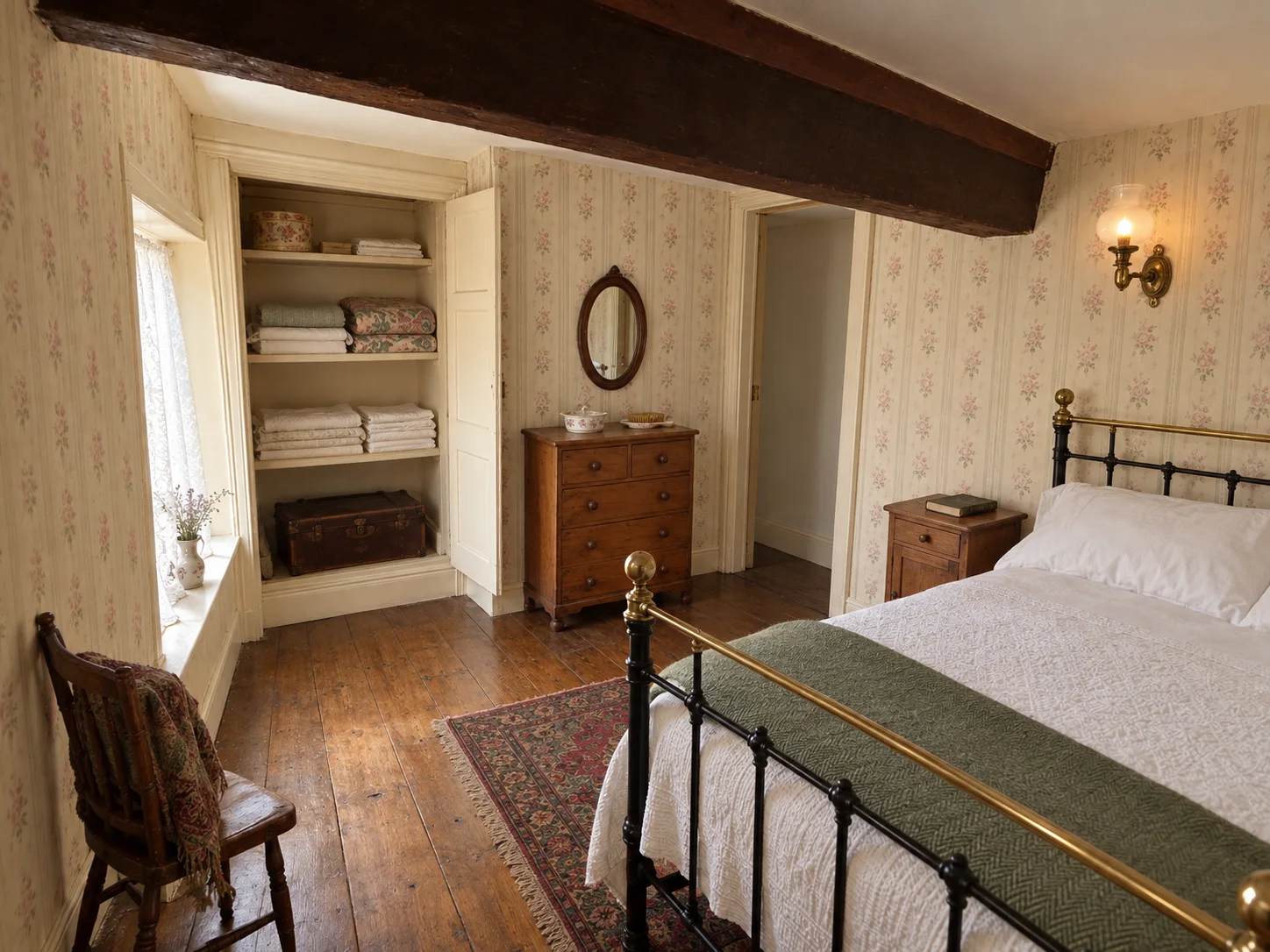 Example B: AI-generated Edwardian-inspired bedroom with an iron bed, floral wallpaper, timber beam and sash window.