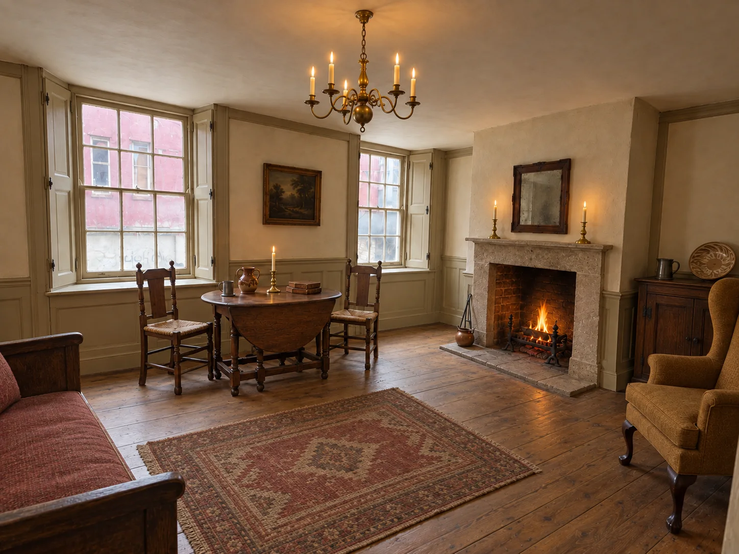 Example A: AI-generated Georgian-inspired living room with sash windows, panelling, a fireplace and period furniture.
