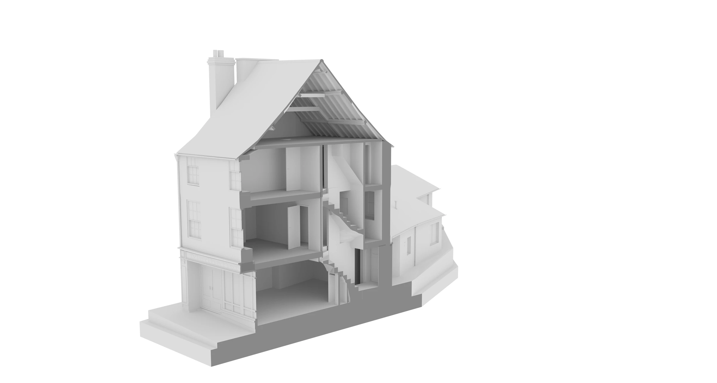 Monochrome cutaway of 19 Town Street showing the ground-floor café and two floors of the maisonette. A marks the first-floor room; B marks the top-floor room.