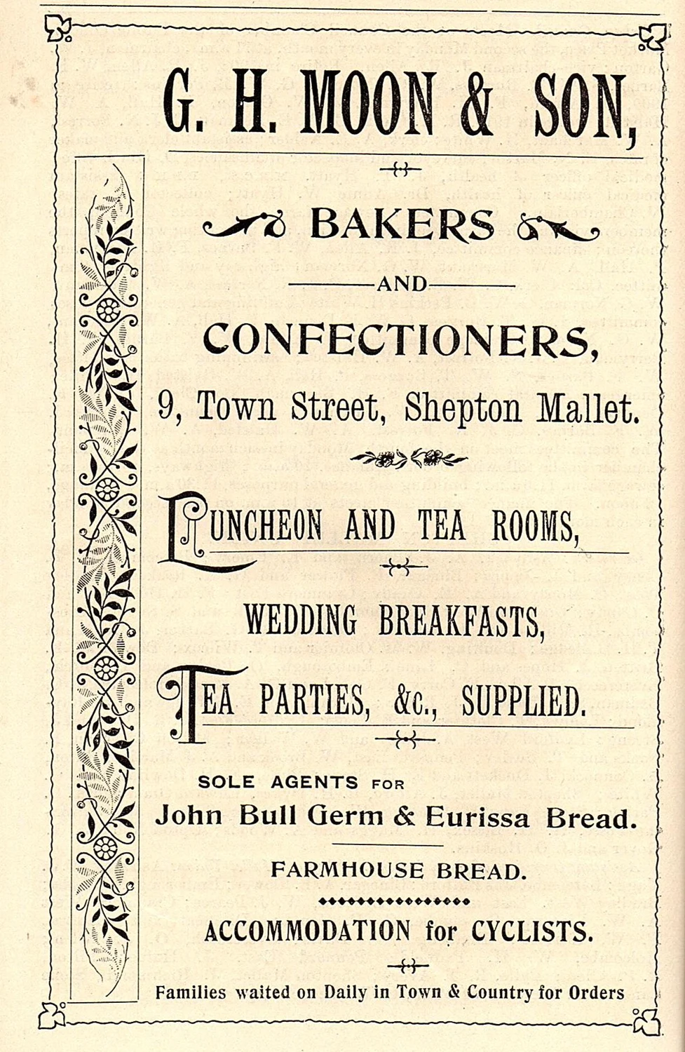 An advertisement for G. H. Moon and Son, bakers and confectioners at 9 Town Street
